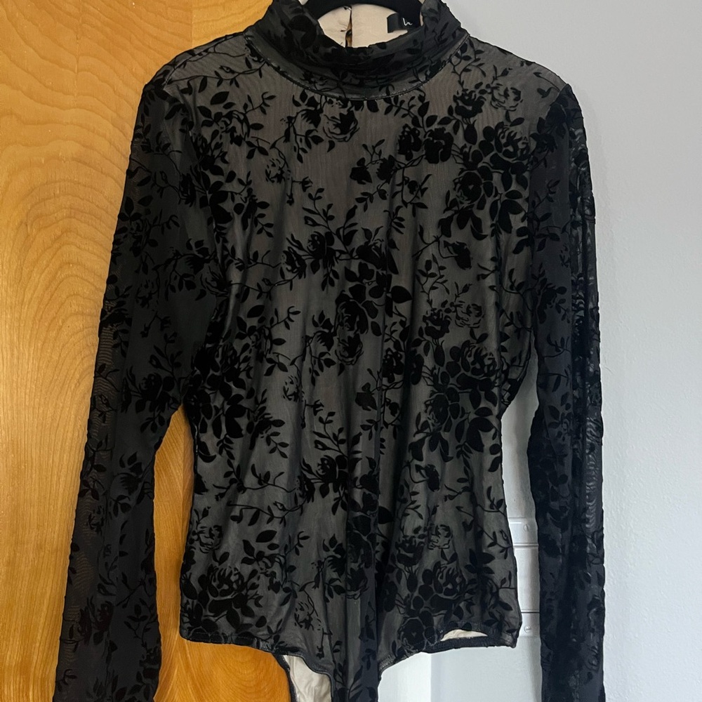 Black Fitted Bodysuit with Mandarin Collar and Embellished Design